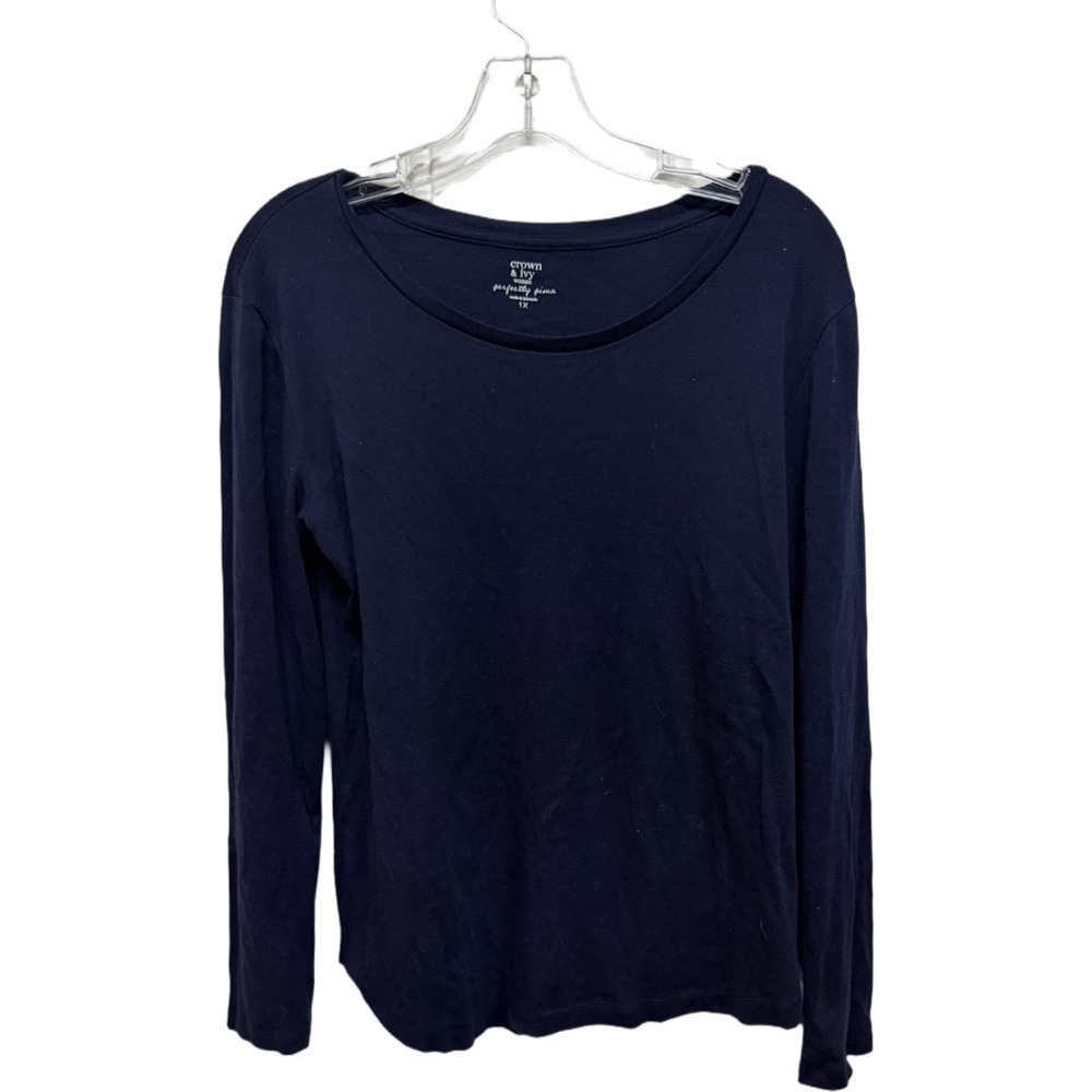 Crown & Ivy Navy Long Sleeve Top 1X Plus Size Soft Stretch Basic Classic Casual